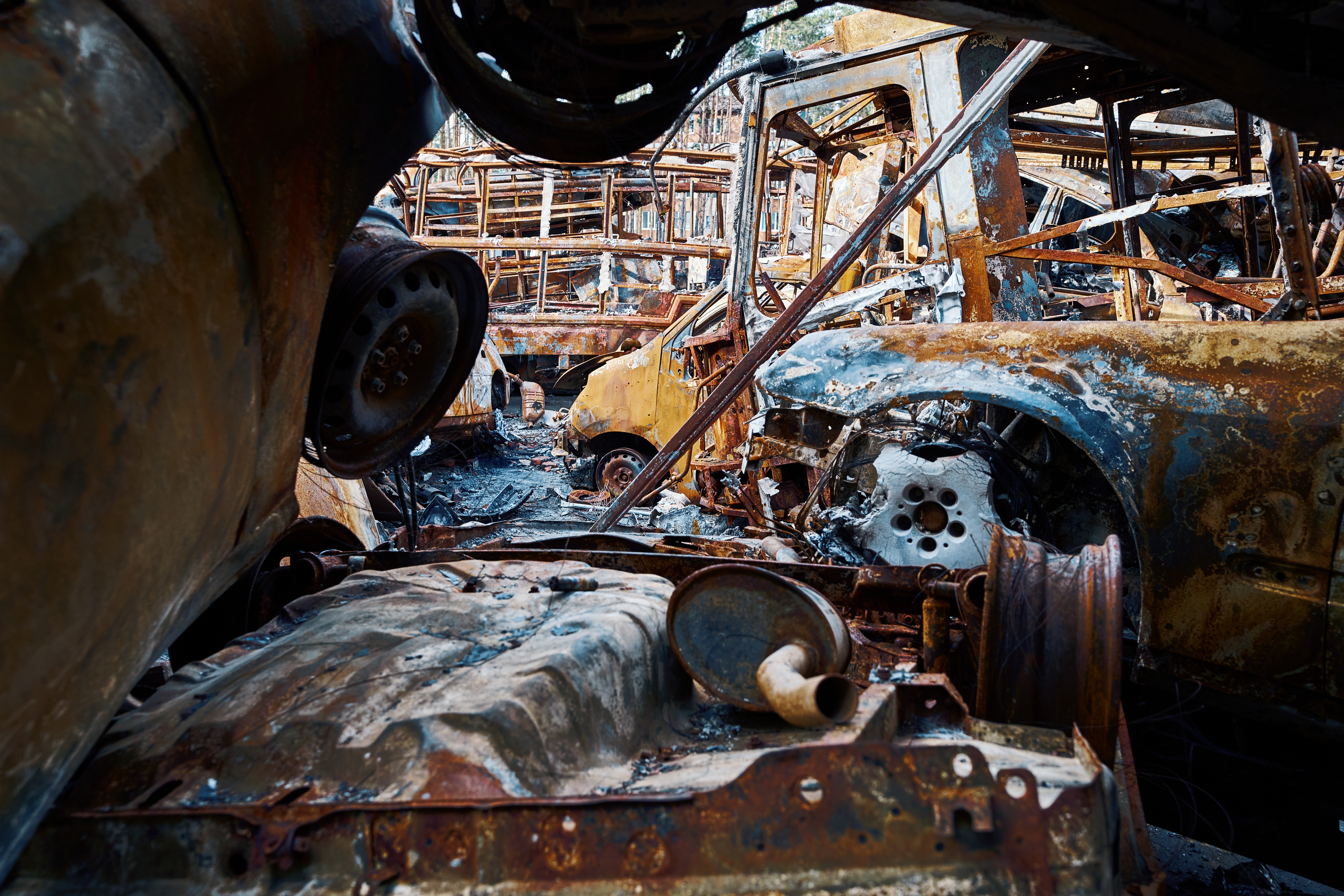 Metal scrap from cars in Bucha after Russian invasion